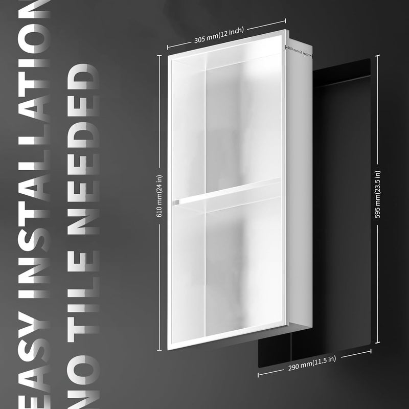 Homevacious 12"×24" Stainless Steel Shower Niche No Tile Needed White Double Shelves Bathroom Shelf Rimless Recessed Wall Niche for Bathroom Storage - Image 3